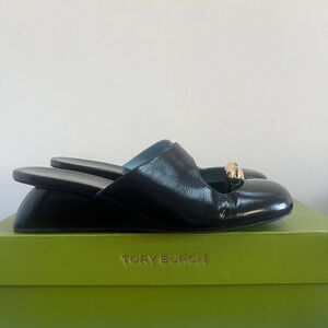 Tory Burch Black Leather Mules with Gold Accent